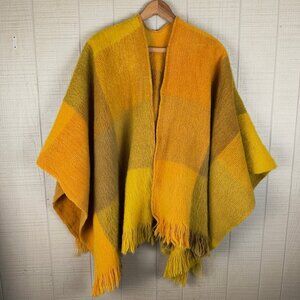 Vintage 60s 70s Wool Blanket Wrap Gold Yellow Plaid Cape Shawl Fringe Warm